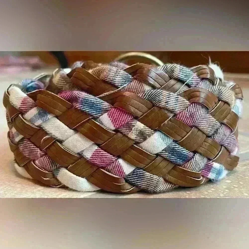 Cottagecore woven brown vegan leather plaid braided festival boho belt; 45” long - Picture 3 of 5